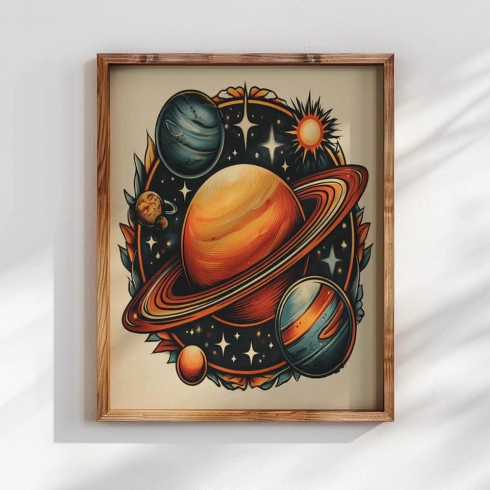Retro Solar System Wall Art, Vintage Space Illustration.